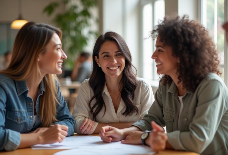 Serene Stay team members smiling and discussing plans in a bright office