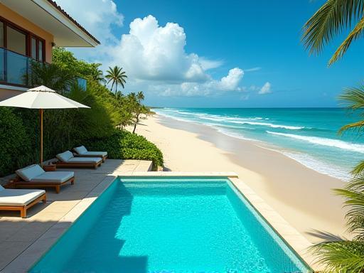 Beachside Bliss villa pool area with direct access to a sandy beach