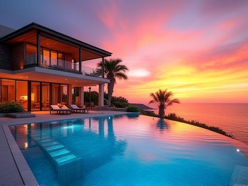 The Sunset Haven villa exterior with infinity pool overlooking the sea at sunset